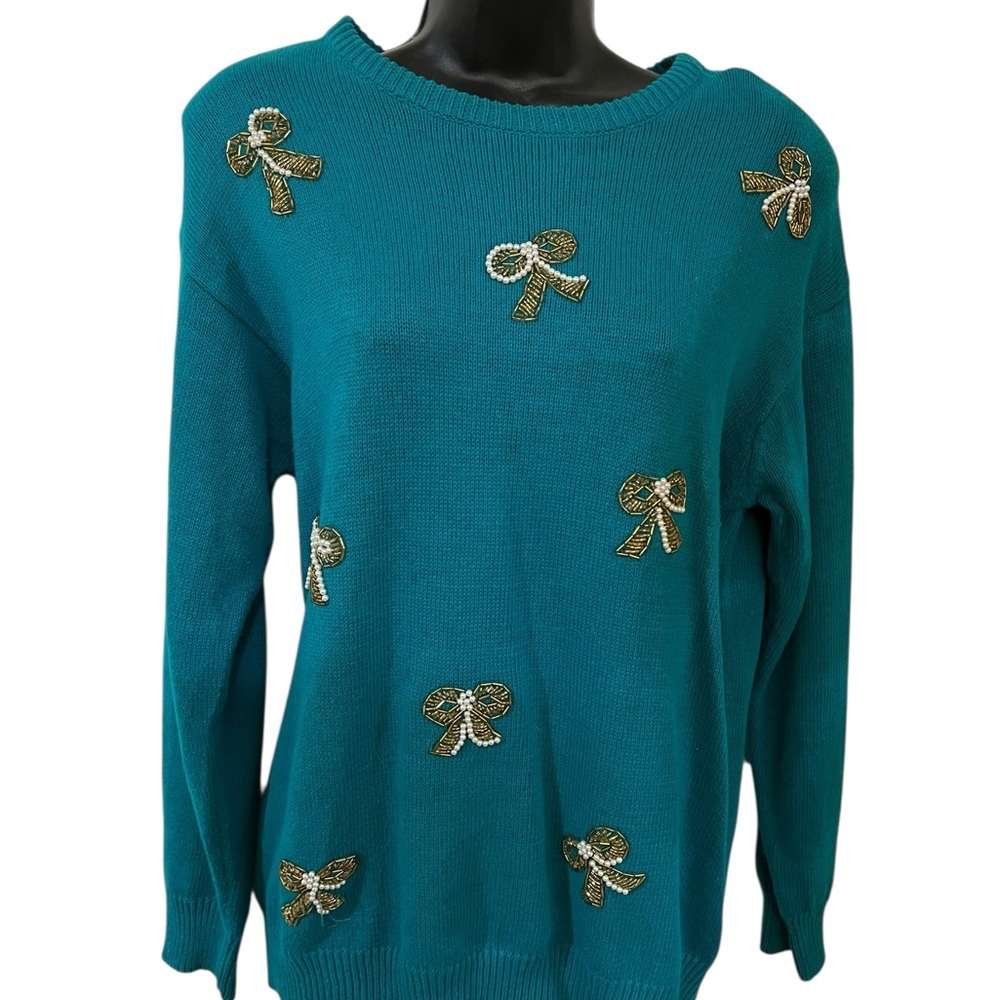 Pearl Embellished Sweater L Teal Blue Beaded Knit 80s 90s Maximalist Loud Layers